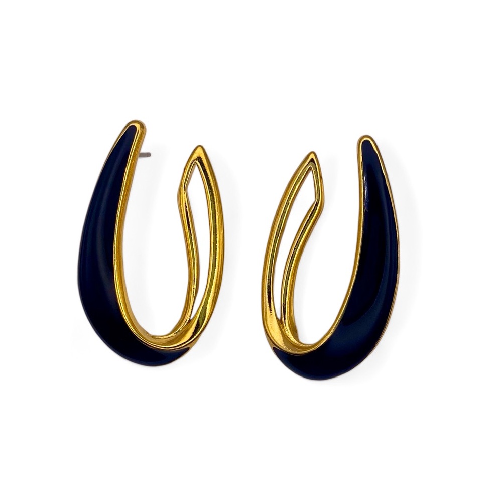 Trifari Blak Enamel and Gold Tone Pierced Earrings